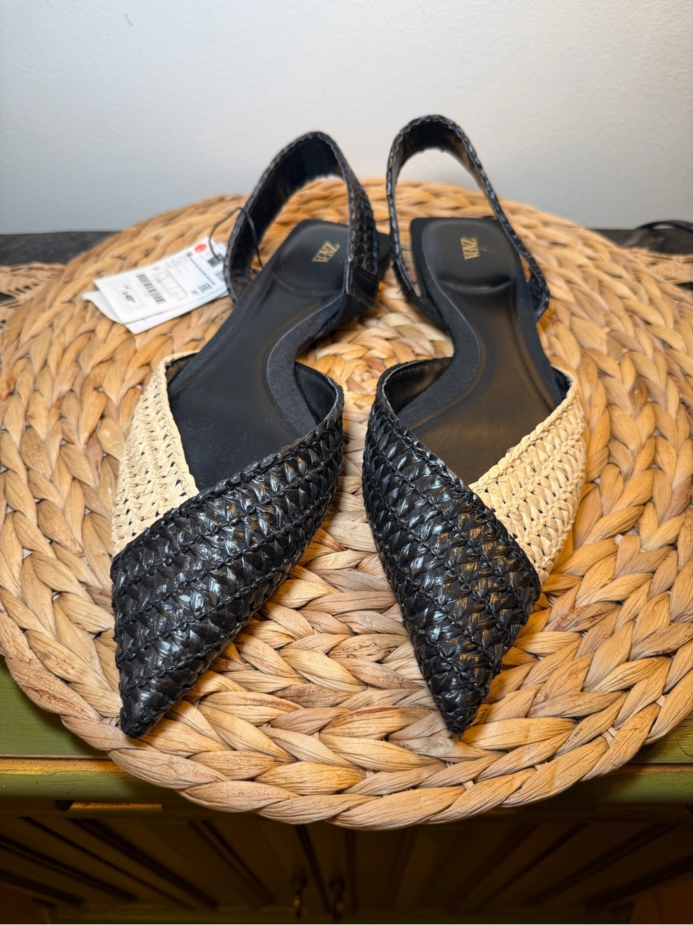 ZARA Woven Raffia Slingback Pointed Toe Flats Black Natural Size 6.5
